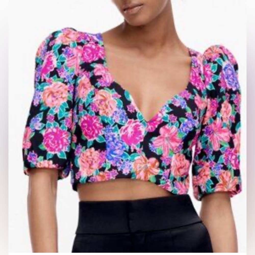 Zara Multicolor Floral Puff Sleeve Blouse
